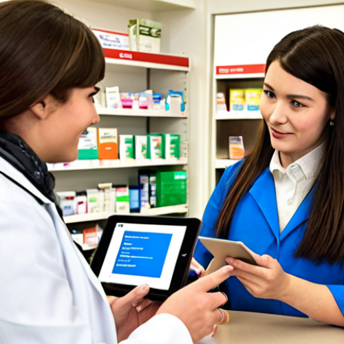 Home 4 **Prompt:** A friendly female pharmacist, dressed in a clean white coat, attentively listens to an elderly female customer at a bright, modern pharmacy counter. In the background, diverse customers, including a young person using a tablet with a QR code for a survey, are visible. The atmosphere is welcoming and empathetic, emphasizing genuine human connection alongside subtle technological integration for feedback collection. Soft natural light, clean lines, focus on diverse demographics. Professional photography style.