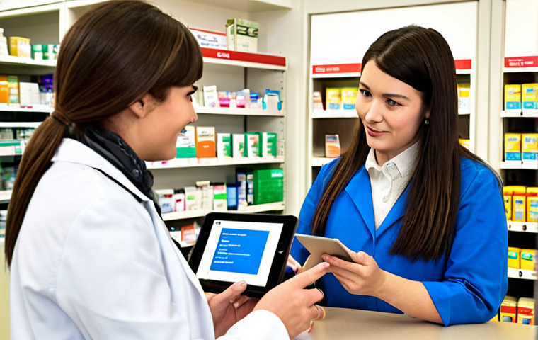 **Prompt:** A friendly female pharmacist, dressed in a clean white coat, attentively listens to an elderly female customer at a bright, modern pharmacy counter. In the background, diverse customers, including a young person using a tablet with a QR code for a survey, are visible. The atmosphere is welcoming and empathetic, emphasizing genuine human connection alongside subtle technological integration for feedback collection. Soft natural light, clean lines, focus on diverse demographics. Professional photography style.