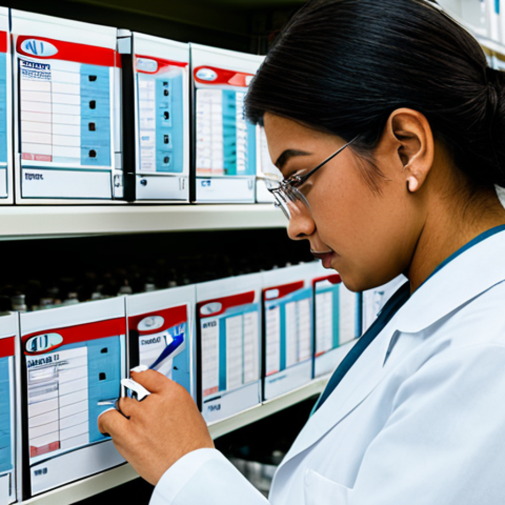 Pharmaceutical Inventory Management**
"A pharmacist carefully reviewing a medication inventory ledger, focusing on expiration dates and lot numbers, organized shelves of medication in the background, professional lighting, fully clothed, appropriate attire, safe for work, perfect anatomy, well-formed hands, proper finger count, professional, family-friendly, modest clothing."
**
