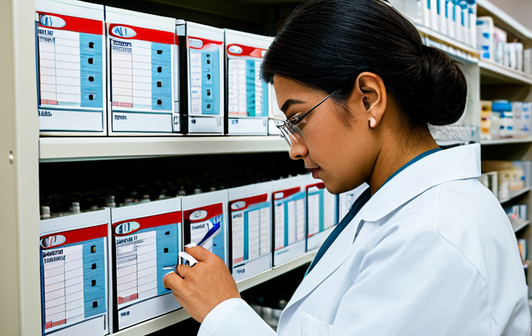 Pharmaceutical Inventory Management**
"A pharmacist carefully reviewing a medication inventory ledger, focusing on expiration dates and lot numbers, organized shelves of medication in the background, professional lighting, fully clothed, appropriate attire, safe for work, perfect anatomy, well-formed hands, proper finger count, professional, family-friendly, modest clothing."
**