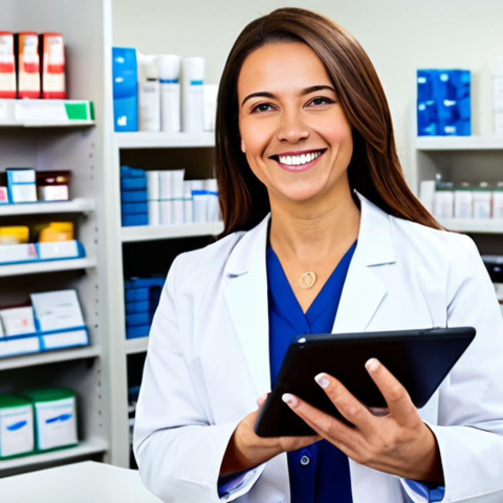 Time Management & Digital Tools**
"A professional female pharmacist, fully clothed in a modest lab coat and business casual attire, smiling warmly while efficiently using a tablet to manage prescriptions in a bright and organized pharmacy. Background includes shelves of medication and a clean workspace. Perfect anatomy, correct proportions, well-formed hands, safe for work, appropriate content, professional, family-friendly, natural pose."
**