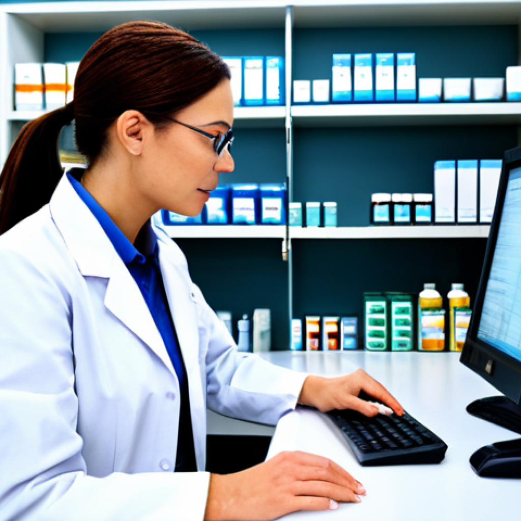 약사 약물 데이터 관리 프로세스 - Pharmacist in Action**

"A pharmacist in a clean, well-organized pharmacy, reviewing medication data...
