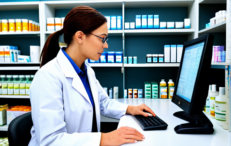 약사 약물 데이터 관리 프로세스 - Pharmacist in Action**
"A pharmacist in a clean, well-organized pharmacy, reviewing medication data...