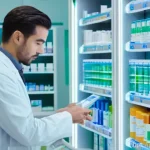 약사 약국 내 약물 관리 자동화 - **Prompt:** A clean, brightly lit modern pharmacy interior. In the foreground, a sleek, automated di...