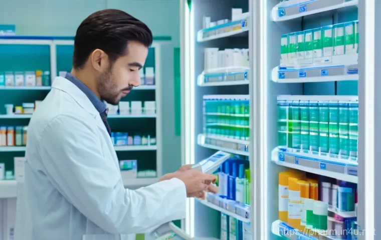 약사 약국 내 약물 관리 자동화 - **Prompt:** A clean, brightly lit modern pharmacy interior. In the foreground, a sleek, automated di...