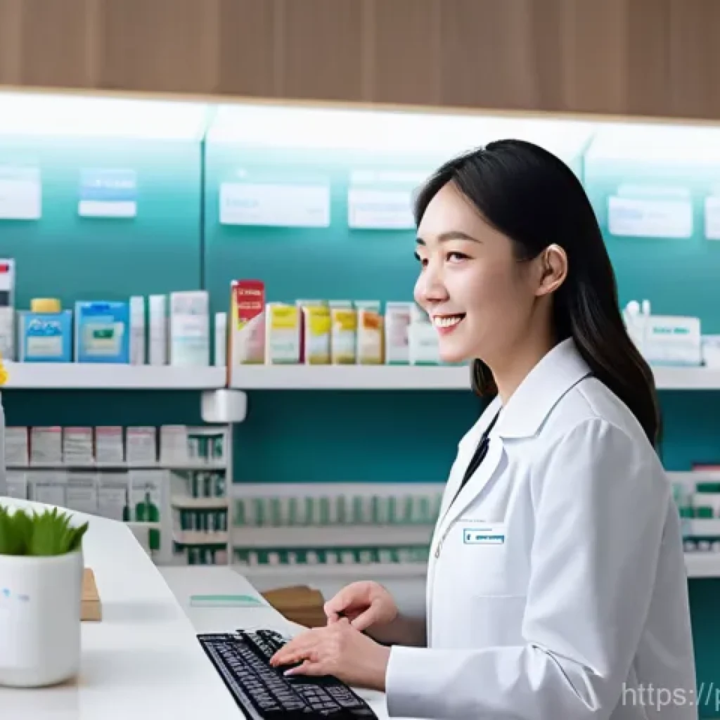 약사 근무 시간과 워라밸 - **Prompt:** A female pharmacist, in her late 30s, with a warm smile, stands behind a modern, well-or...
