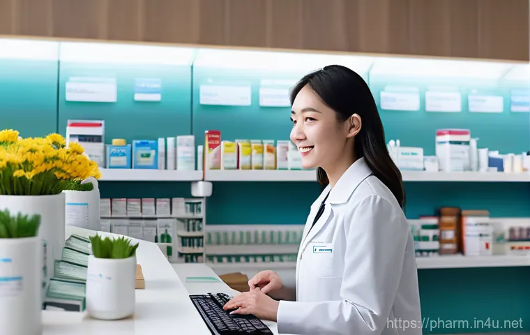 약사 근무 시간과 워라밸 - **Prompt:** A female pharmacist, in her late 30s, with a warm smile, stands behind a modern, well-or...