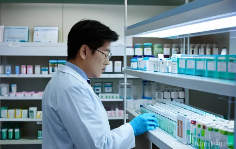 약사 근무 시간과 워라밸 - **Prompt:** A female pharmacist, in her late 30s, with a warm smile, stands behind a modern, well-or...